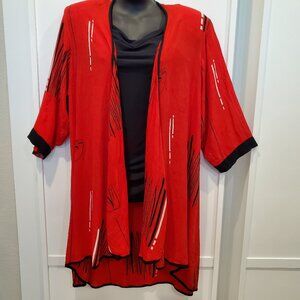 STYLE MIDNIGHT VELVET Vintage Red Black 3/4 Sleeve Flowy Duster Jacket, Large